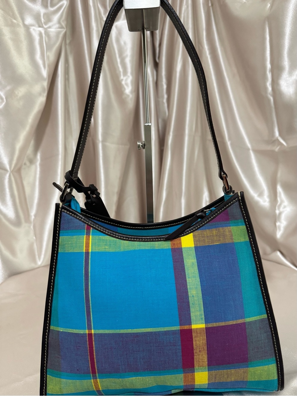 Lauren Ralph Lauren Teal Plaid Shoulder Bag with leather Trim - Picture 2 of 16